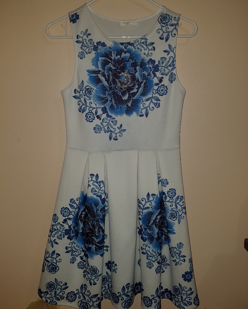 Blue & White Floral Knee Length Dress